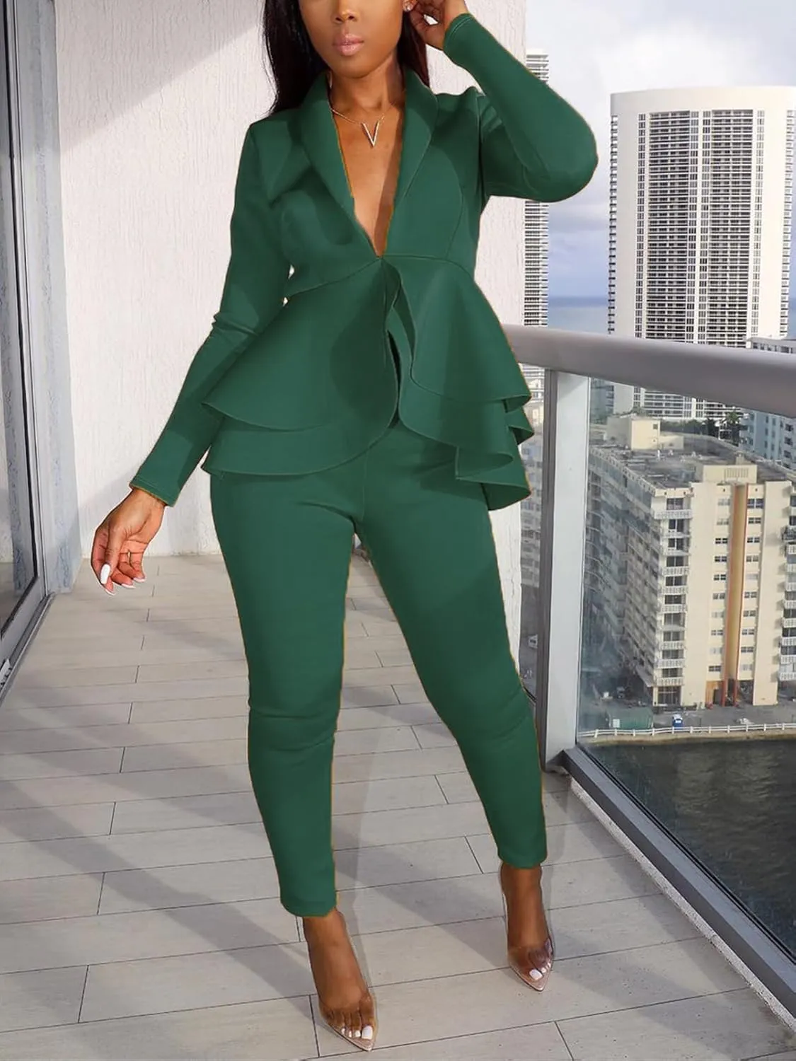 Women's Deep V Neck Ruffle Blazer Two Piece Outfits Sets Long Sleeve Long Pants Bodycon Business Suit Set