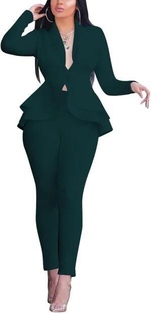 Women's Deep V Neck Ruffle Blazer Two Piece Outfits Sets Long Sleeve Long Pants Bodycon Business Suit Set