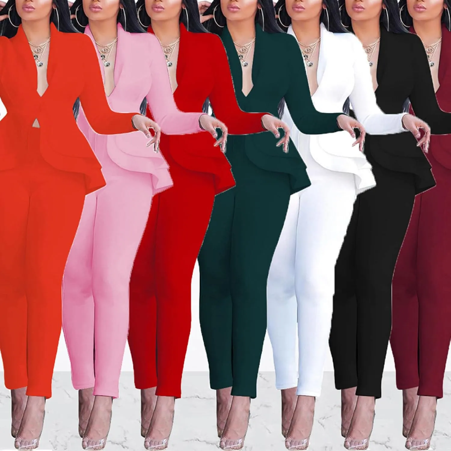 Women's Deep V Neck Ruffle Blazer Two Piece Outfits Sets Long Sleeve Long Pants Bodycon Business Suit Set