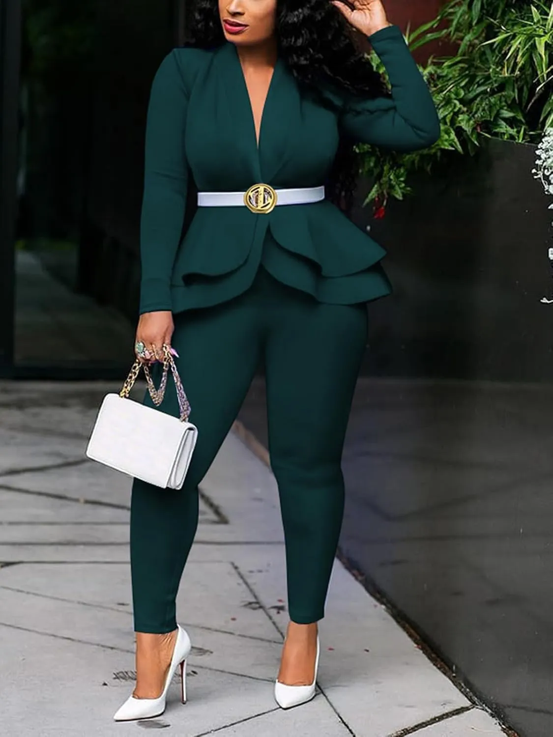 Women's Deep V Neck Ruffle Blazer Two Piece Outfits Sets Long Sleeve Long Pants Bodycon Business Suit Set