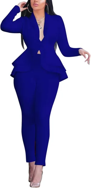 Women's Deep V Neck Ruffle Blazer Two Piece Outfits Sets Long Sleeve Long Pants Bodycon Business Suit Set