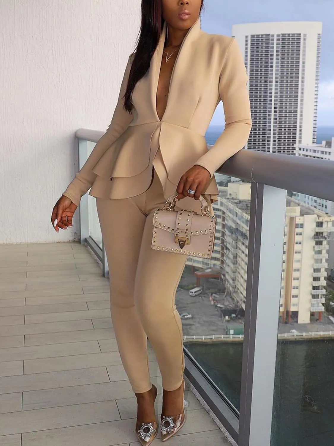 Women's Deep V Neck Ruffle Blazer Two Piece Outfits Sets Long Sleeve Long Pants Bodycon Business Suit Set