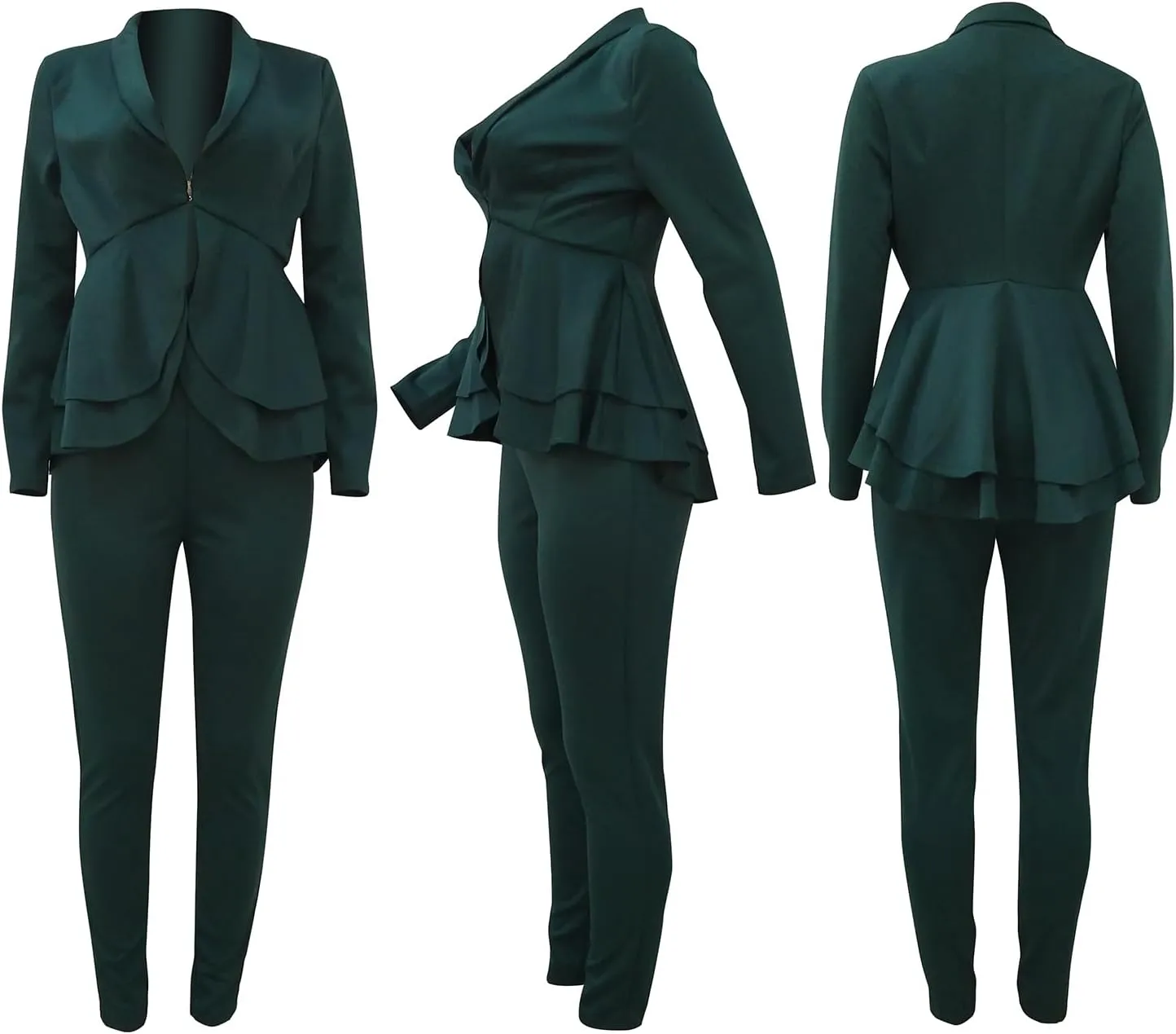 Women's Deep V Neck Ruffle Blazer Two Piece Outfits Sets Long Sleeve Long Pants Bodycon Business Suit Set