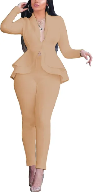 Women's Deep V Neck Ruffle Blazer Two Piece Outfits Sets Long Sleeve Long Pants Bodycon Business Suit Set