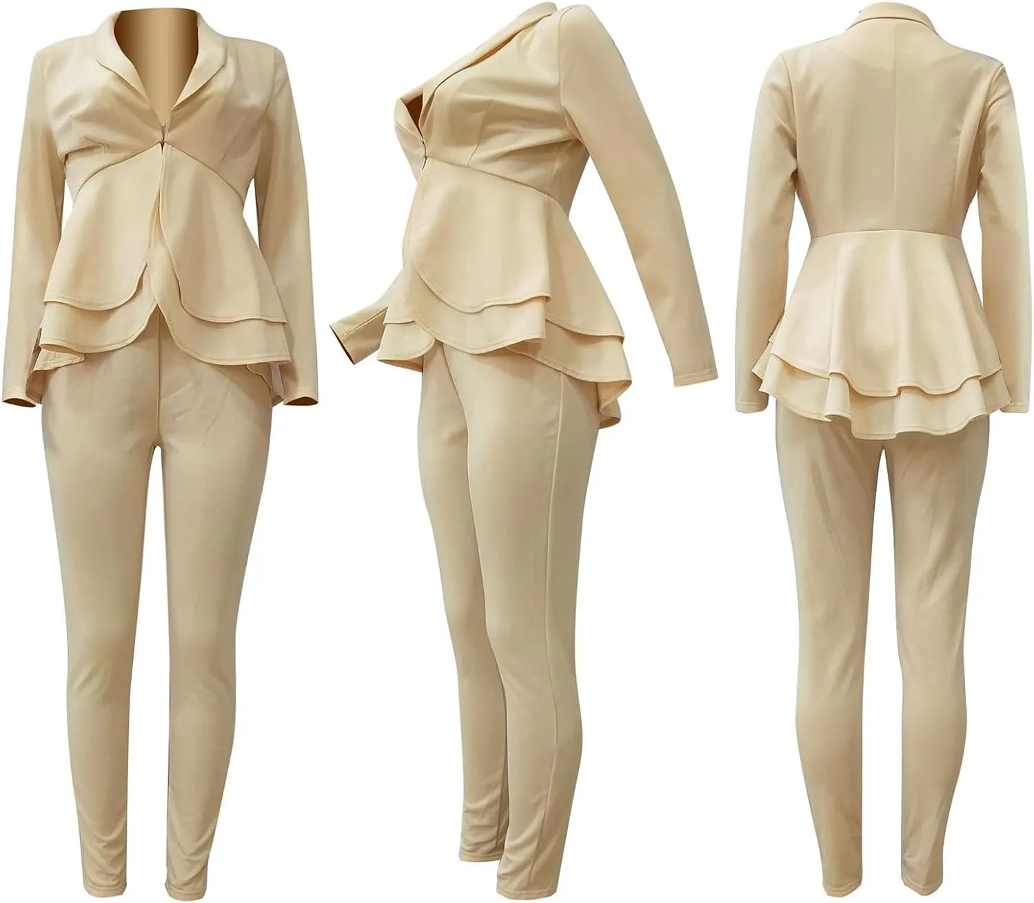 Women's Deep V Neck Ruffle Blazer Two Piece Outfits Sets Long Sleeve Long Pants Bodycon Business Suit Set