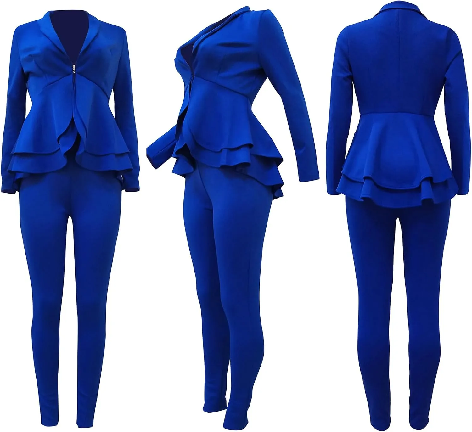 Women's Deep V Neck Ruffle Blazer Two Piece Outfits Sets Long Sleeve Long Pants Bodycon Business Suit Set
