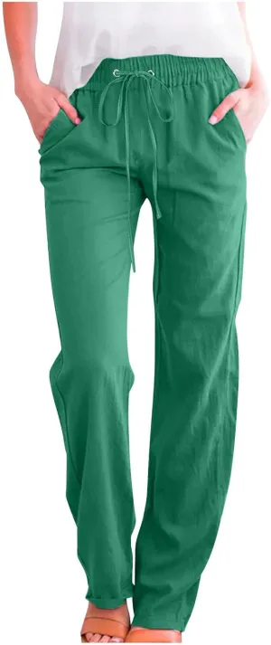 Womens Drawstring Cotton Linen Pants Solid Slim Fit Tapered Trousers Summer Beach Vacation Slacks 2025 Solid Outfits