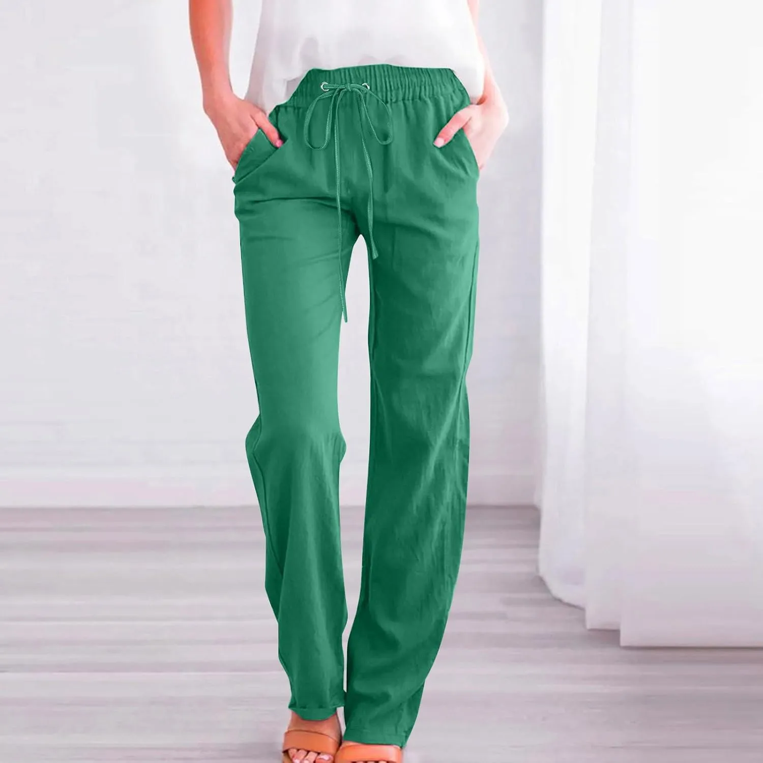 Womens Drawstring Cotton Linen Pants Solid Slim Fit Tapered Trousers Summer Beach Vacation Slacks 2025 Solid Outfits