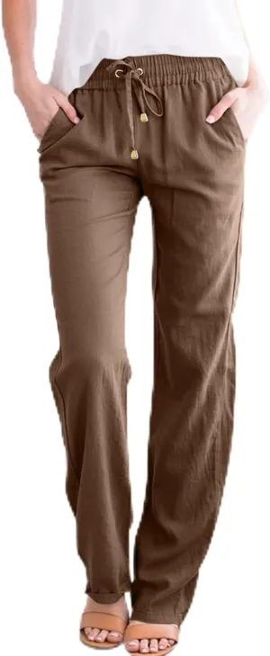 Womens High Waist Linen Pants Straight Leg Casual Loose Summer Beach Lightweight Drawstring Lounge Palazzo Trousers