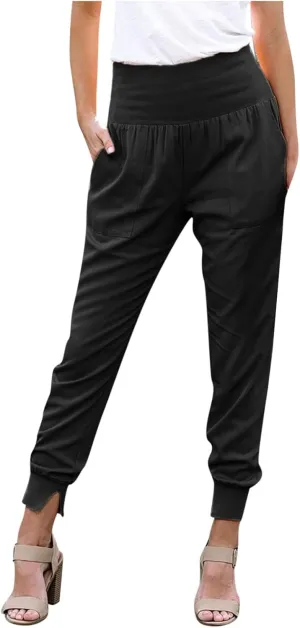 Womens High Waistband Pants Elastic Smocked Waist Side Slit Cinched Bottom Trousers Lightweight Joggers Hiking Tapered Pants