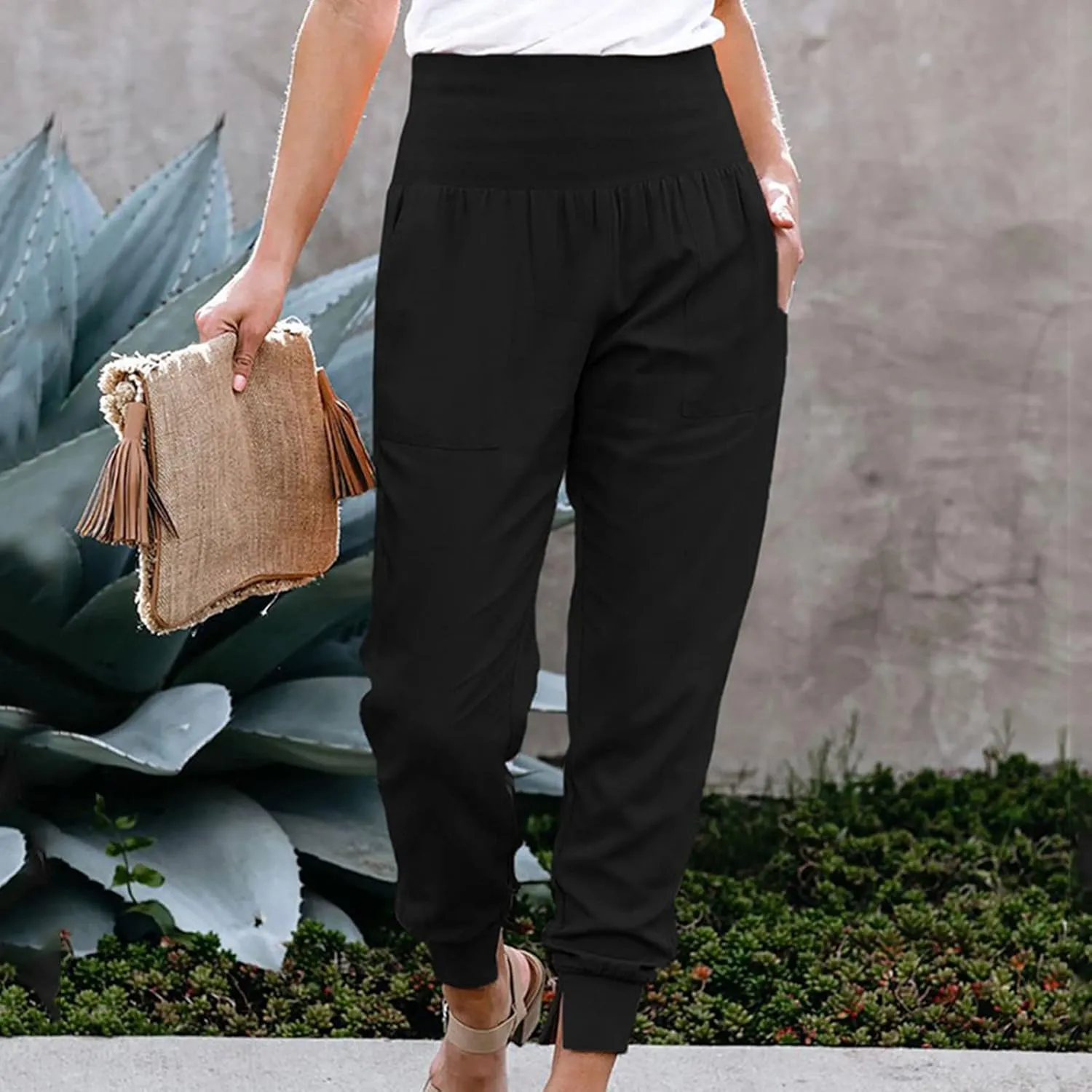 Womens High Waistband Pants Elastic Smocked Waist Side Slit Cinched Bottom Trousers Lightweight Joggers Hiking Tapered Pants