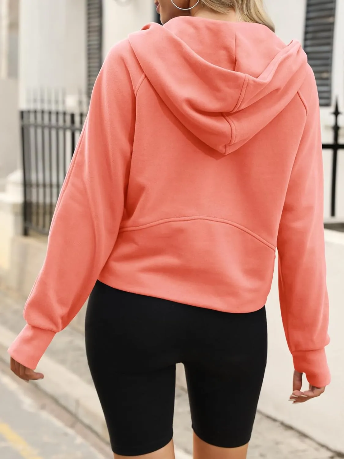Womens Hooded Pullover Sweatshirts Half Zipper Crop Hoodie Fleece Lined Collar Zip Up Hoodies Cropped Long Sleeve Tops