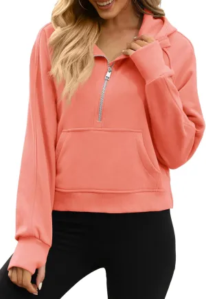 Womens Hooded Pullover Sweatshirts Half Zipper Crop Hoodie Fleece Lined Collar Zip Up Hoodies Cropped Long Sleeve Tops