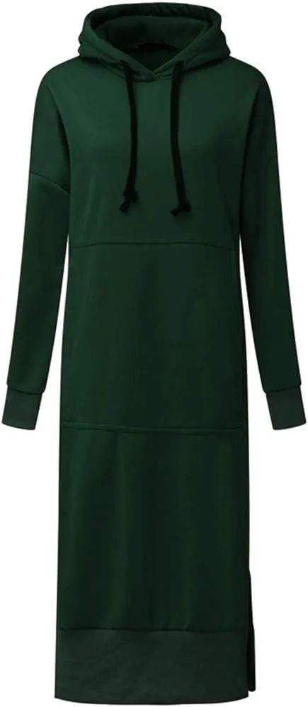 Women's Hooded Sweatshirt Dress Solid Color Casual Summer Long Sleeve Dresses Loose Pullover Long Hoodies with Pocket