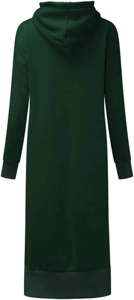 Women's Hooded Sweatshirt Dress Solid Color Casual Summer Long Sleeve Dresses Loose Pullover Long Hoodies with Pocket