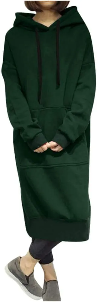 Women's Hooded Sweatshirt Dress Solid Color Casual Summer Long Sleeve Dresses Loose Pullover Long Hoodies with Pocket