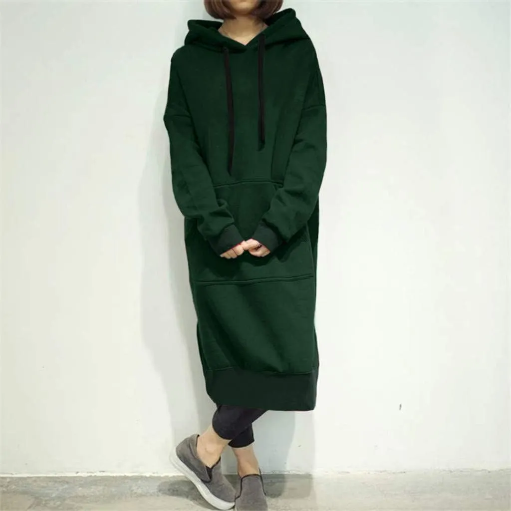 Women's Hooded Sweatshirt Dress Solid Color Casual Summer Long Sleeve Dresses Loose Pullover Long Hoodies with Pocket