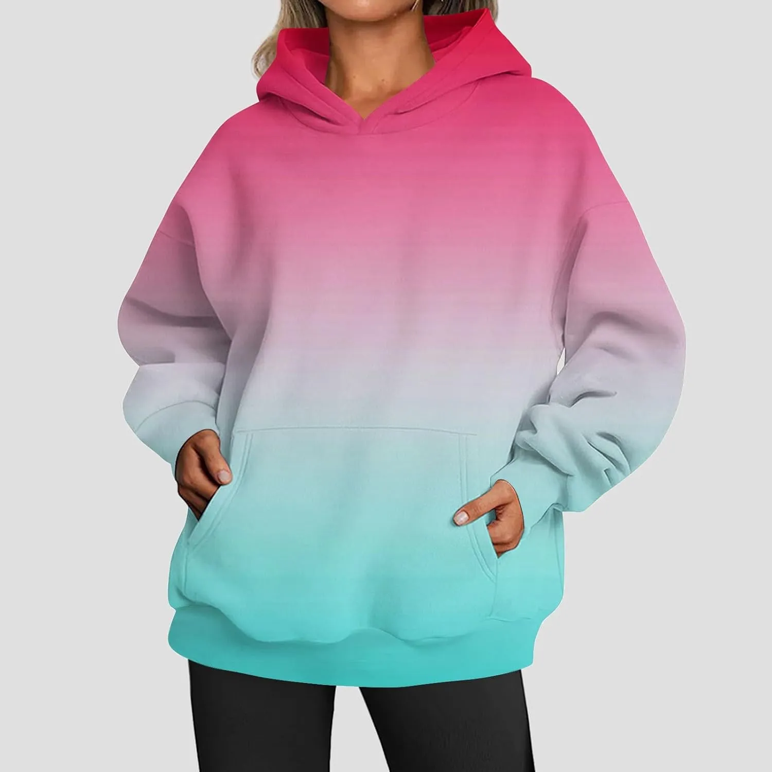 Womens Hoodies 2024 Casual Gradient Color Oversized Crew Neck Sweatshirts with Pocket Long Sleeve Fall Winter Tops