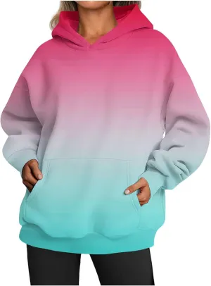 Womens Hoodies 2024 Casual Gradient Color Oversized Crew Neck Sweatshirts with Pocket Long Sleeve Fall Winter Tops