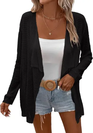 Womens Lightweight Crochet Cardigan Sweater Rib Knit Open Front Sweater Coats