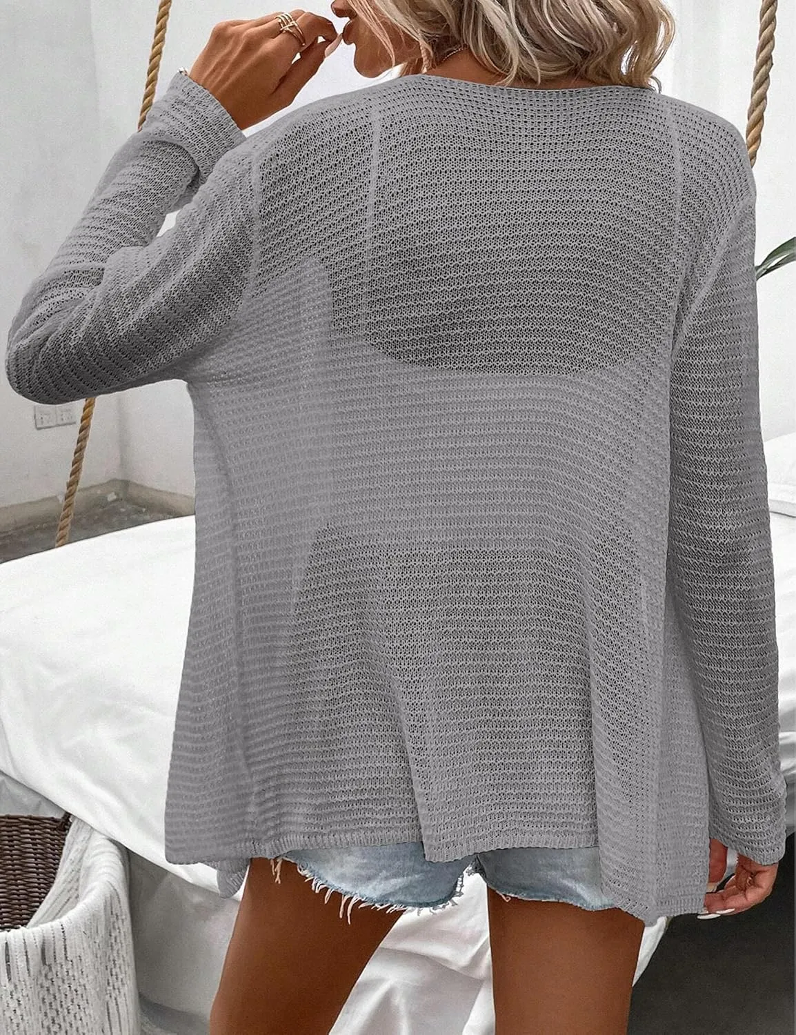 Womens Lightweight Crochet Cardigan Sweater Rib Knit Open Front Sweater Coats