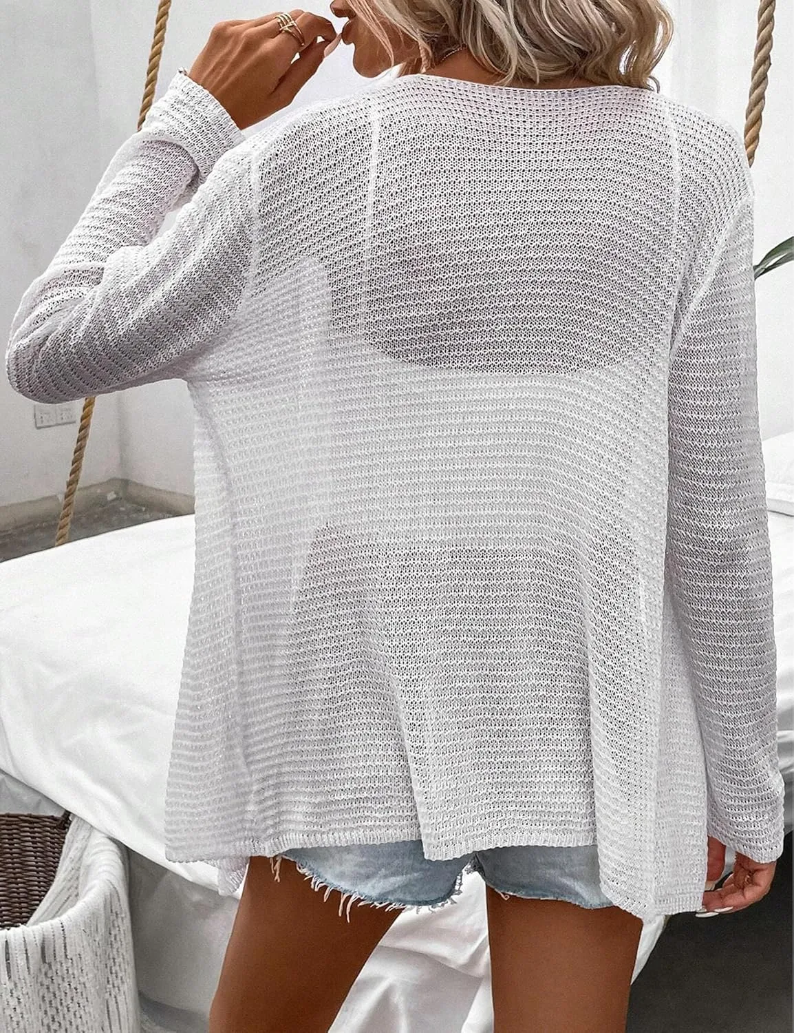 Womens Lightweight Crochet Cardigan Sweater Rib Knit Open Front Sweater Coats
