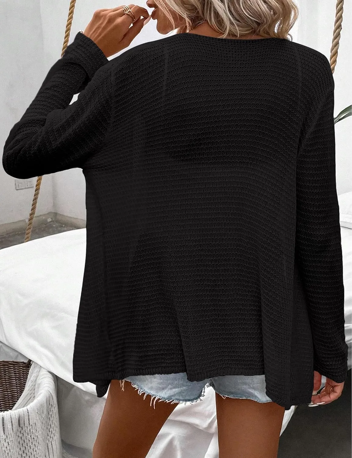 Womens Lightweight Crochet Cardigan Sweater Rib Knit Open Front Sweater Coats