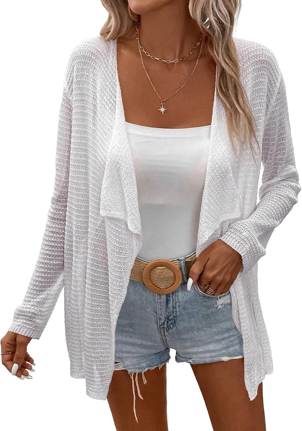 Womens Lightweight Crochet Cardigan Sweater Rib Knit Open Front Sweater Coats