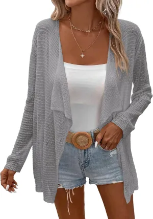 Womens Lightweight Crochet Cardigan Sweater Rib Knit Open Front Sweater Coats