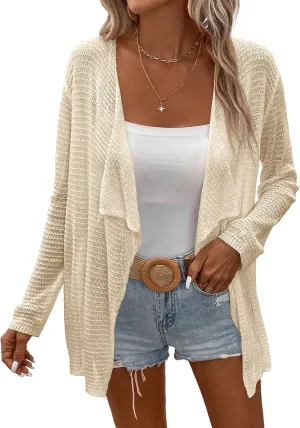 Womens Lightweight Crochet Cardigan Sweater Rib Knit Open Front Sweater Coats