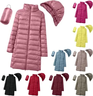 Women's Lightweight Hooded Down Jacket Winter Warm Packable Puffer Insulated Coats Slim Fit Mid Length Down Coat