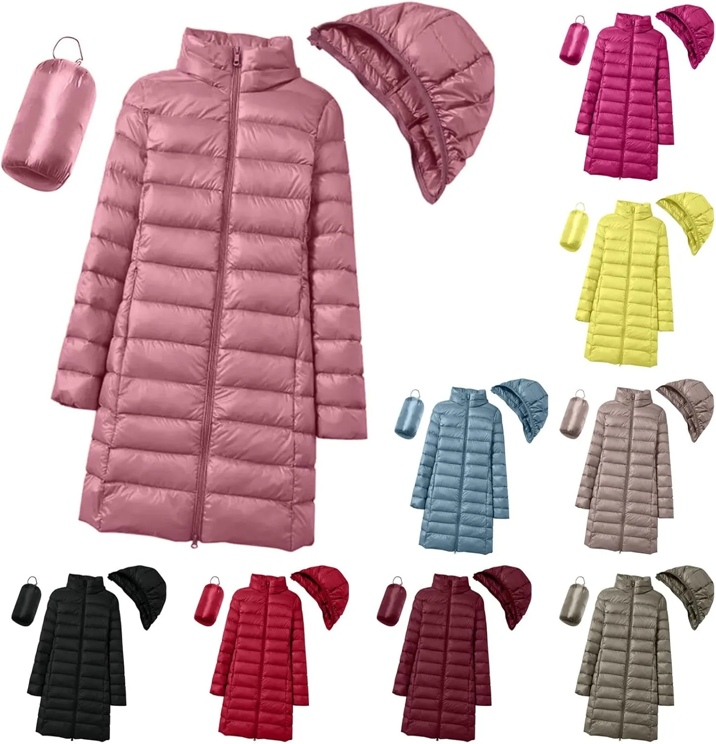 Women's Lightweight Hooded Down Jacket Winter Warm Packable Puffer Insulated Coats Slim Fit Mid Length Down Coat