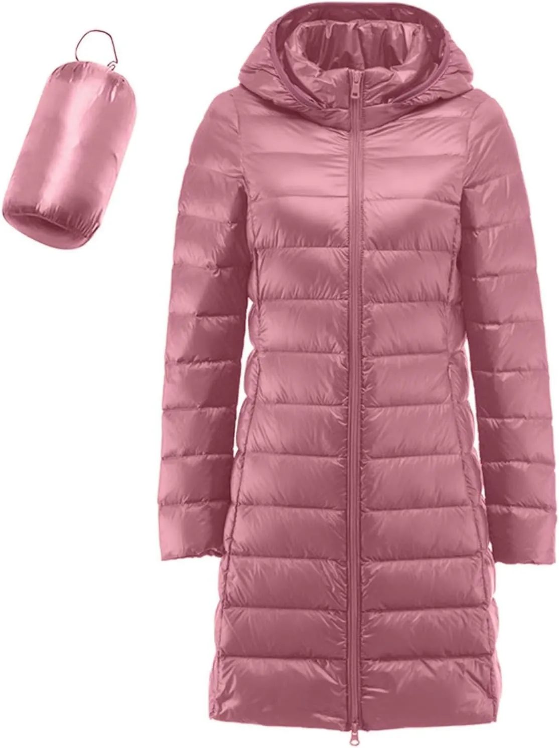 Women's Lightweight Hooded Down Jacket Winter Warm Packable Puffer Insulated Coats Slim Fit Mid Length Down Coat