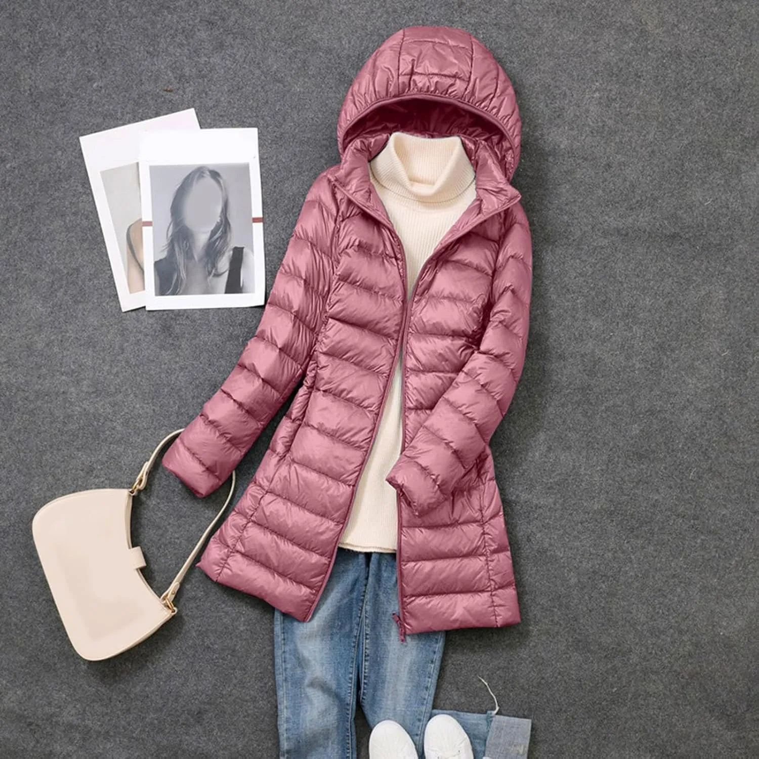 Women's Lightweight Hooded Down Jacket Winter Warm Packable Puffer Insulated Coats Slim Fit Mid Length Down Coat