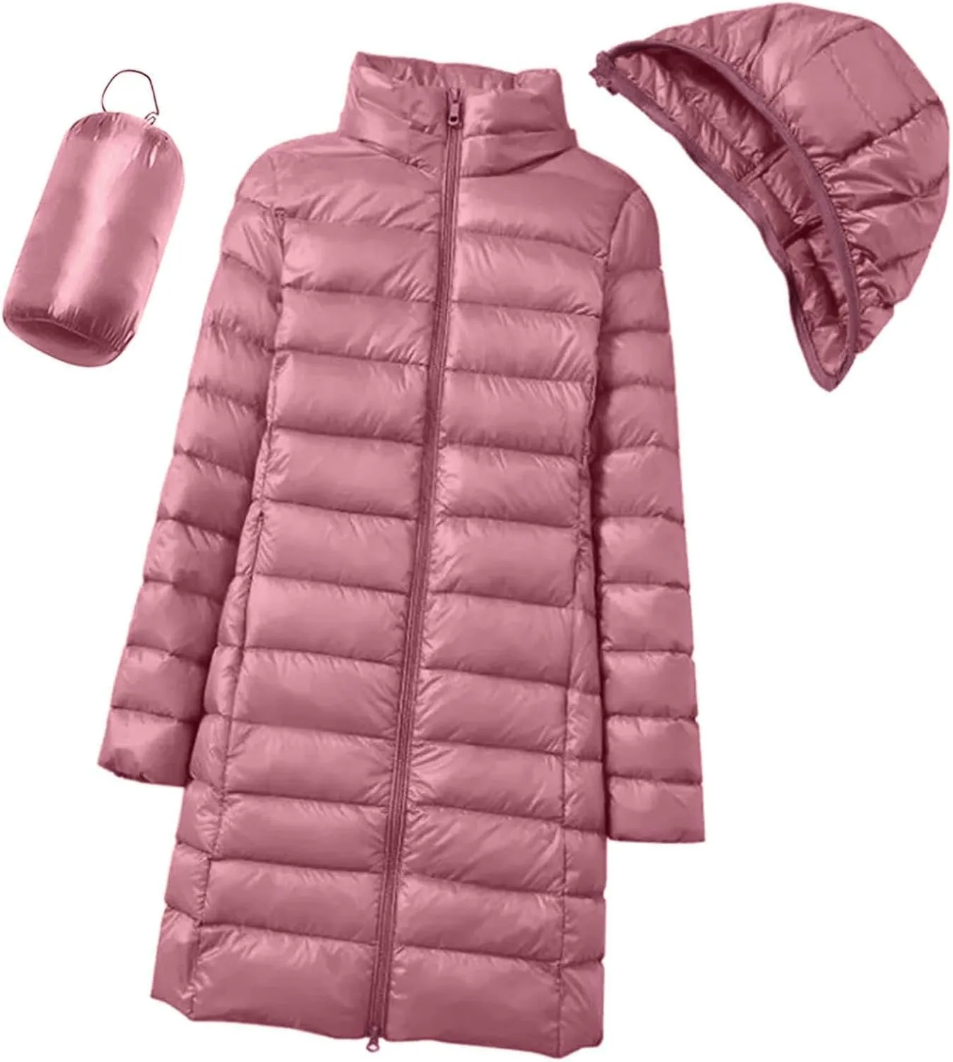 Women's Lightweight Hooded Down Jacket Winter Warm Packable Puffer Insulated Coats Slim Fit Mid Length Down Coat