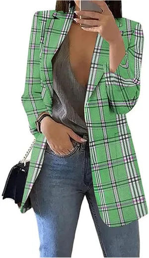 Women's Lightweight Plaid Blazers Casual Long Sleeve Notch Lapel Button Slim Work Office Blazer Jacket Fall Coat