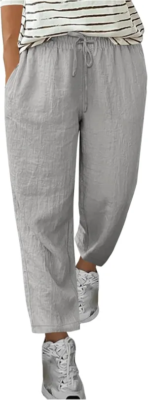Womens Linen Capri Pants 2025 Elastic Waist with Drawstring Petite Summer Cropped Trouser Beachwear Lightweight Pants