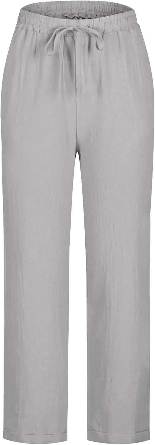 Womens Linen Capri Pants 2025 Elastic Waist with Drawstring Petite Summer Cropped Trouser Beachwear Lightweight Pants