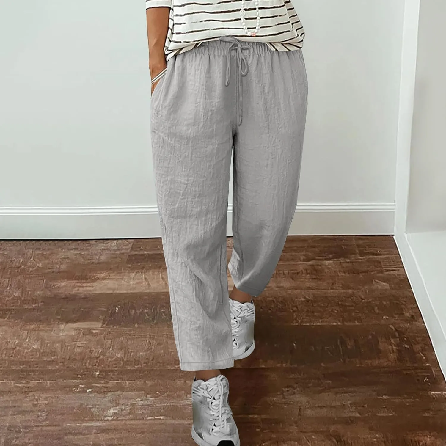 Womens Linen Capri Pants 2025 Elastic Waist with Drawstring Petite Summer Cropped Trouser Beachwear Lightweight Pants