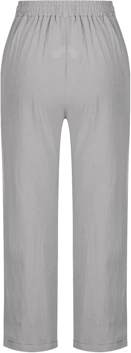 Womens Linen Capri Pants 2025 Elastic Waist with Drawstring Petite Summer Cropped Trouser Beachwear Lightweight Pants