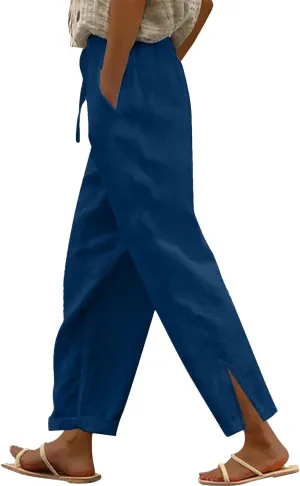 Women's Linen Capri Pants with Drawstring Pants Comfy Gauze Casual Lightweight Loose Trousers Women's Cotton Linen