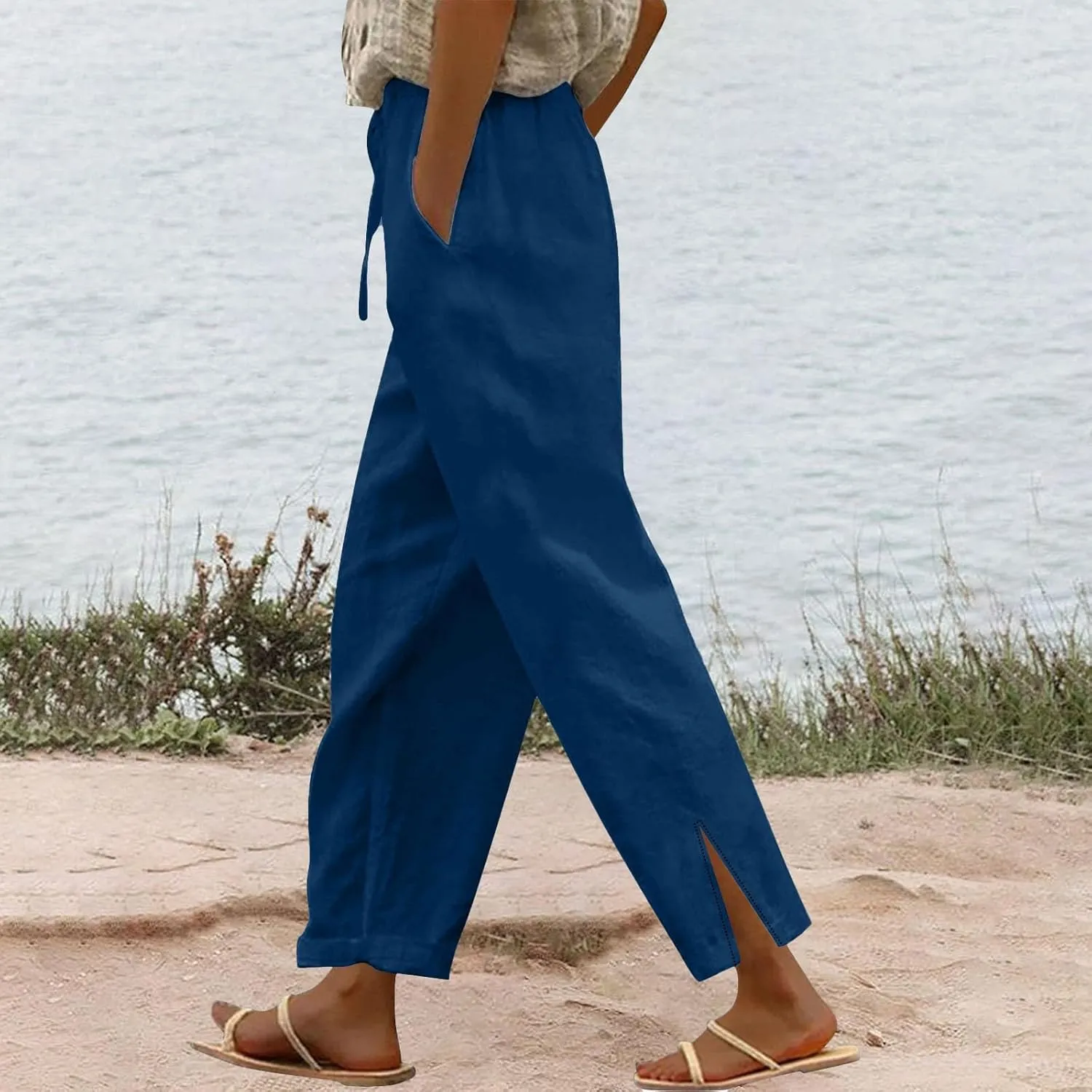 Women's Linen Capri Pants with Drawstring Pants Comfy Gauze Casual Lightweight Loose Trousers Women's Cotton Linen