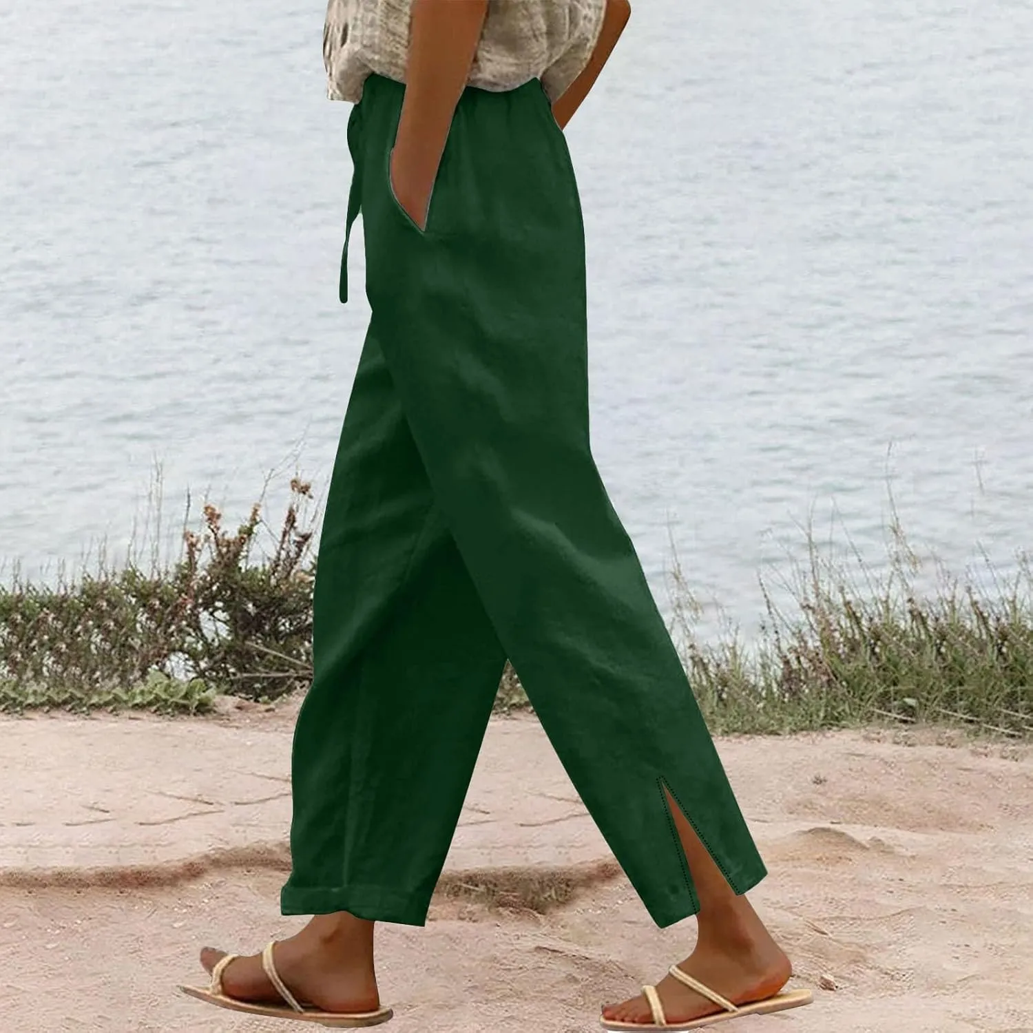 Women's Linen Capri Pants with Drawstring Petite High Waist Elastic Straight Leg Lounge Summer Beachwear Pants