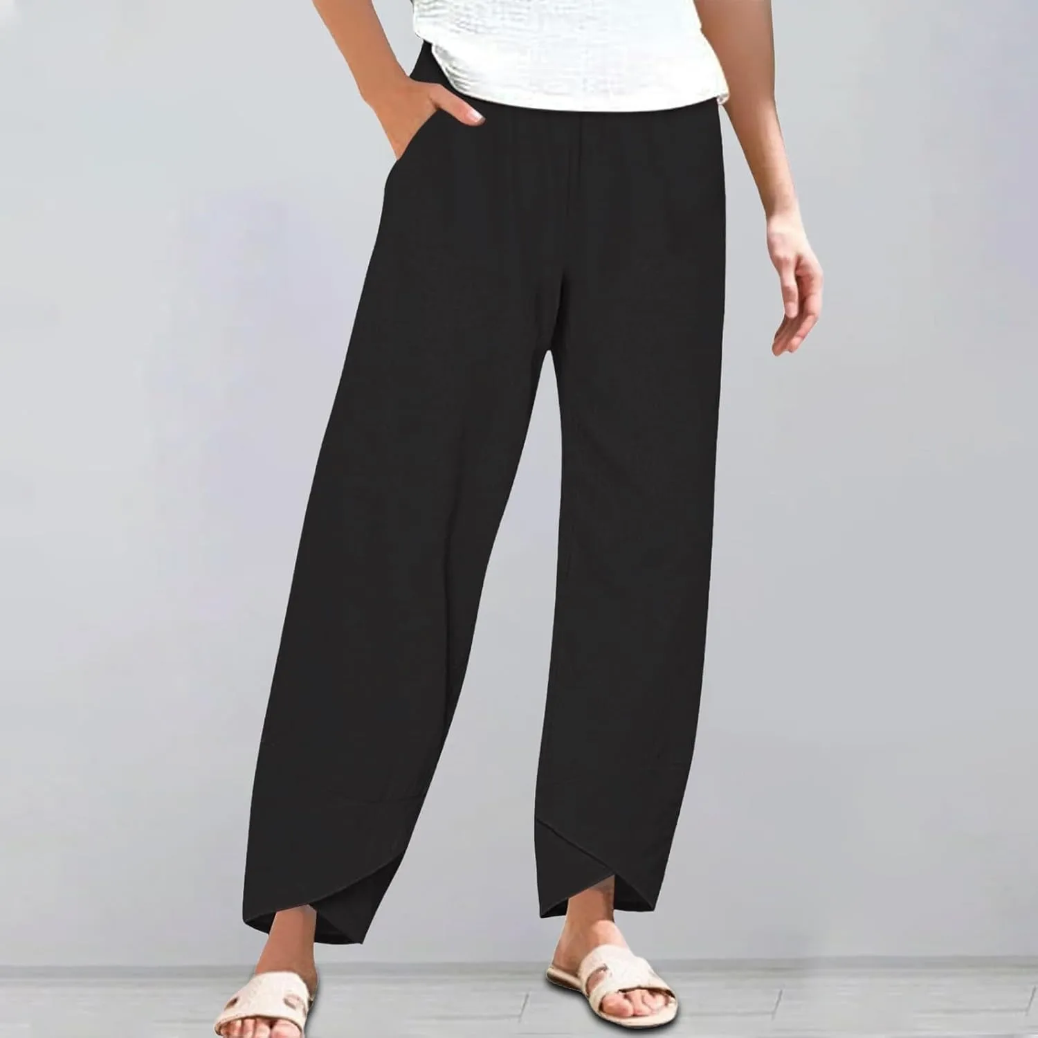 Women's Linen Palazzo Pants Leg Pants Elastic Drawstring Casual Trousers with Pockets Summer Beach Casual Lounge