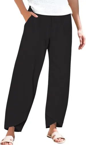 Women's Linen Palazzo Pants Leg Pants Elastic Drawstring Casual Trousers with Pockets Summer Beach Casual Lounge