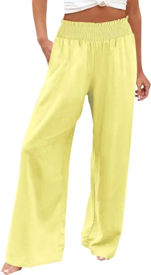 Womens Linen Pants 2025 Summer Casual Loose Wide Leg Palazzo Pants High Waist Flowy Beach Trousers Outfits