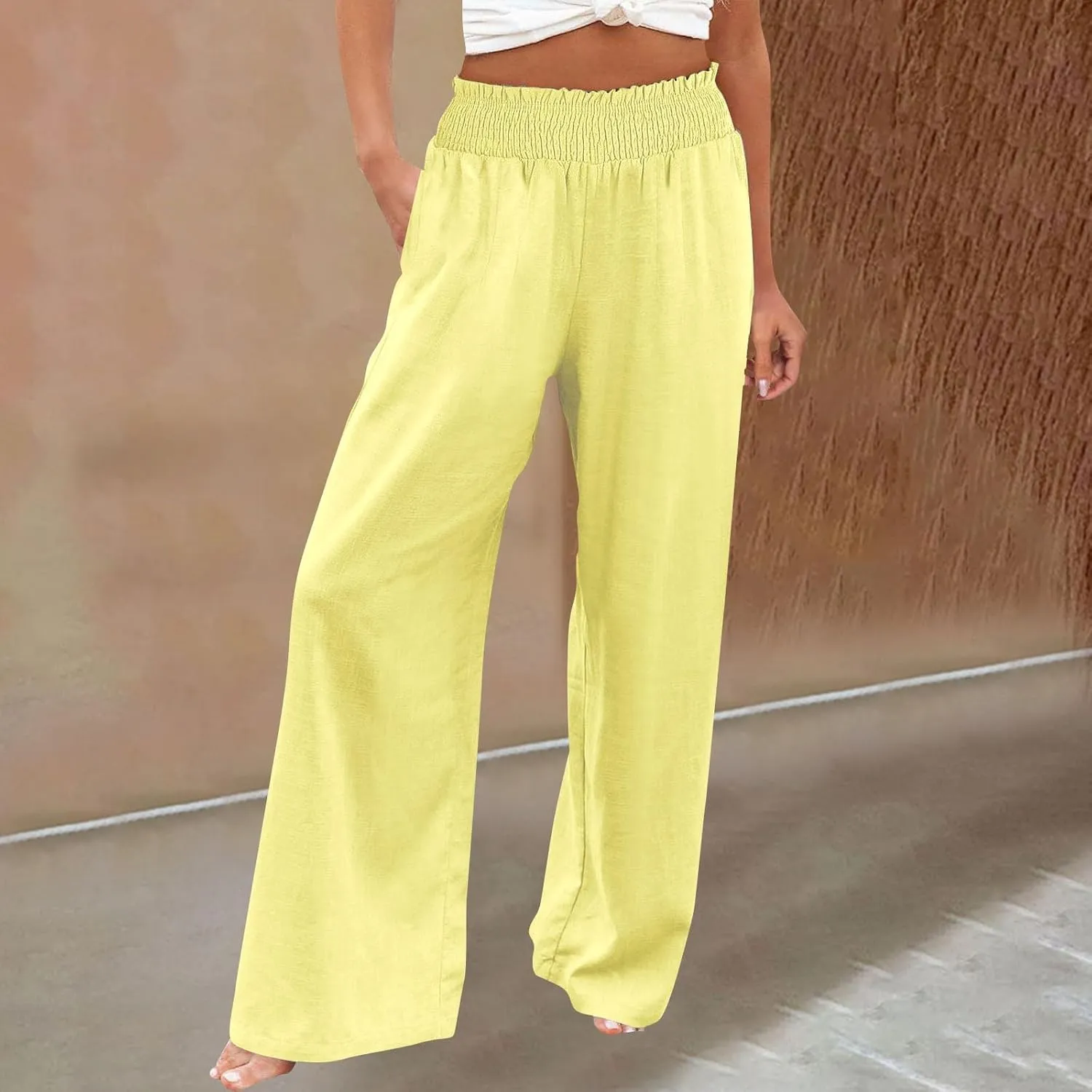 Womens Linen Pants 2025 Summer Casual Loose Wide Leg Palazzo Pants High Waist Flowy Beach Trousers Outfits