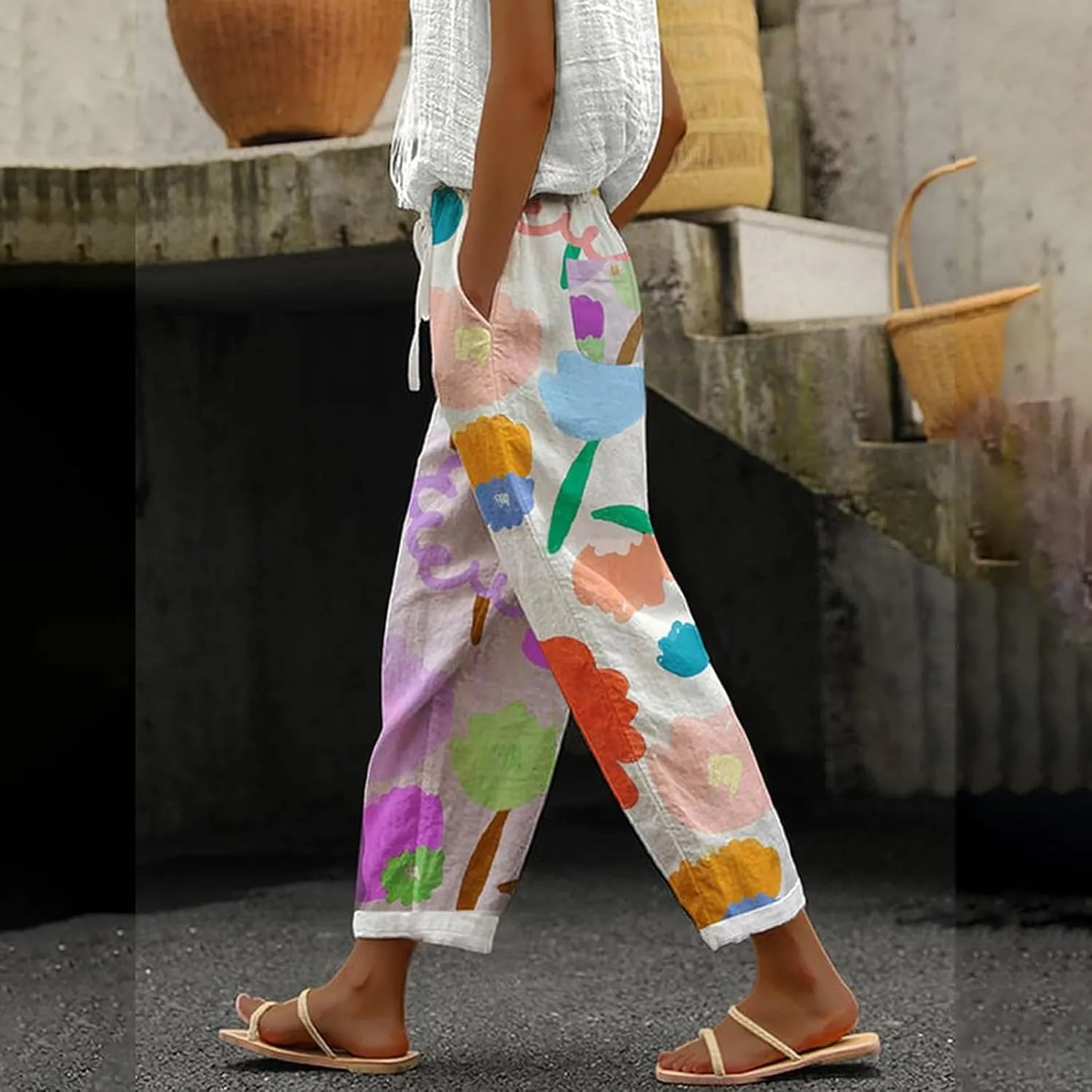 Women's Linen Pants 2025 Summer Elastic High Waist Split Hem Work Pants Casual Loose Lightweight Beach Trousers with Pockets