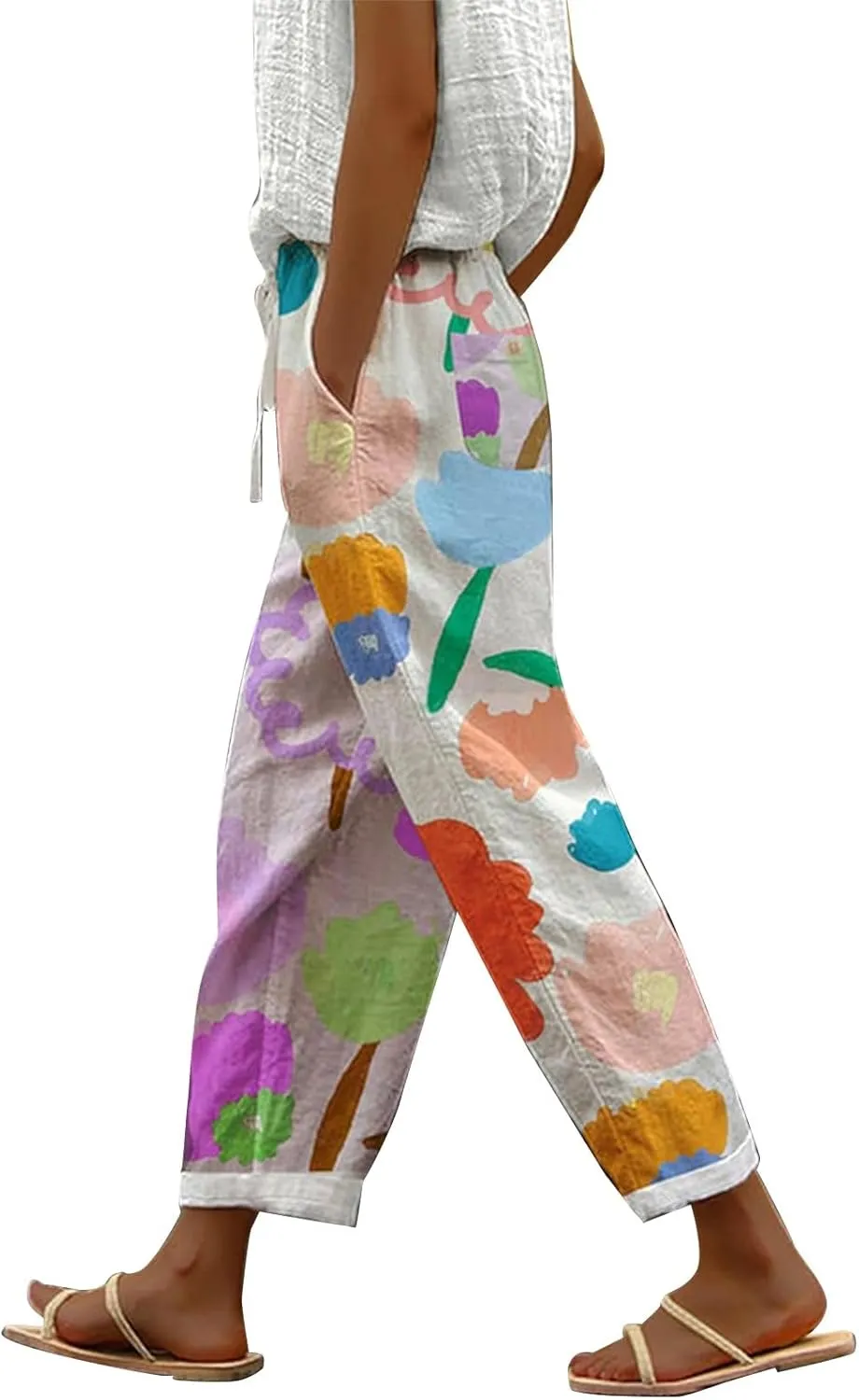 Women's Linen Pants 2025 Summer Elastic High Waist Split Hem Work Pants Casual Loose Lightweight Beach Trousers with Pockets