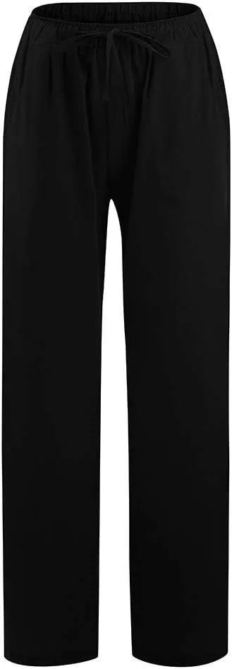 Womens Linen Pants Casual Elastic High Waisted Drawstring Palazzo Pant Trendy Wide Leg Beach Trousers with Pockets